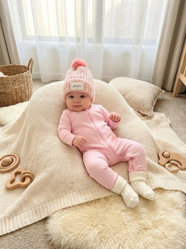 4 month old wearing pink onesie with baby pink jaxy beanie 