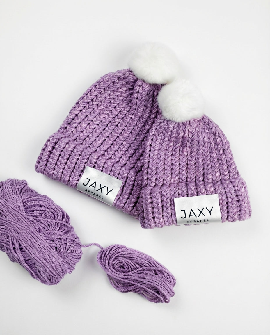 two lilac jaxy beanies, hand made, australian made 