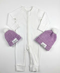 white onesie with lilac jaxy beanies 
