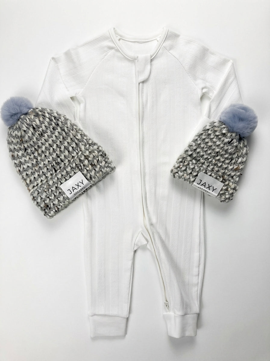white onesie with two marble grey jaxy beanies 